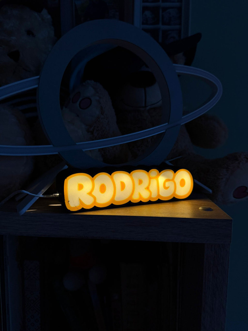 Custom 3D printed name sign styled on a desk
