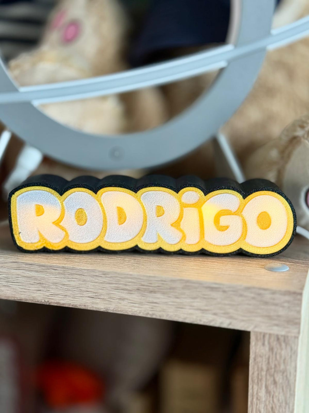 Personalised 3D printed name sign in gold silk PLA, made in Galway Ireland
