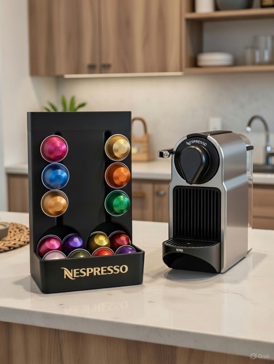 Nespresso pod holder filled with assorted capsules on a kitchen worktop